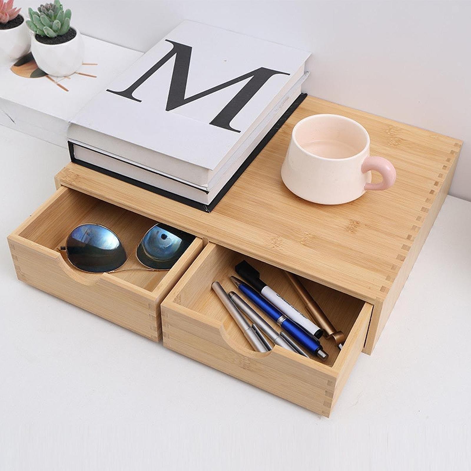 Bamboo Desk Organizer Cup Holder Home Decor No Assembly Required Desktop Drawer