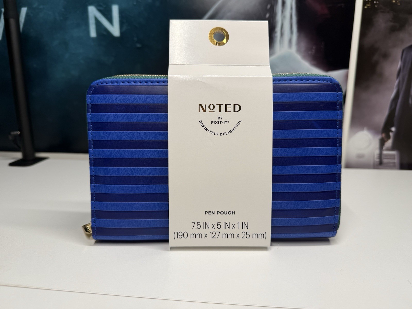 Post-it® Pen Pouch Noted Blue Green Stripes School Office Pencil Bag Gold Zipper