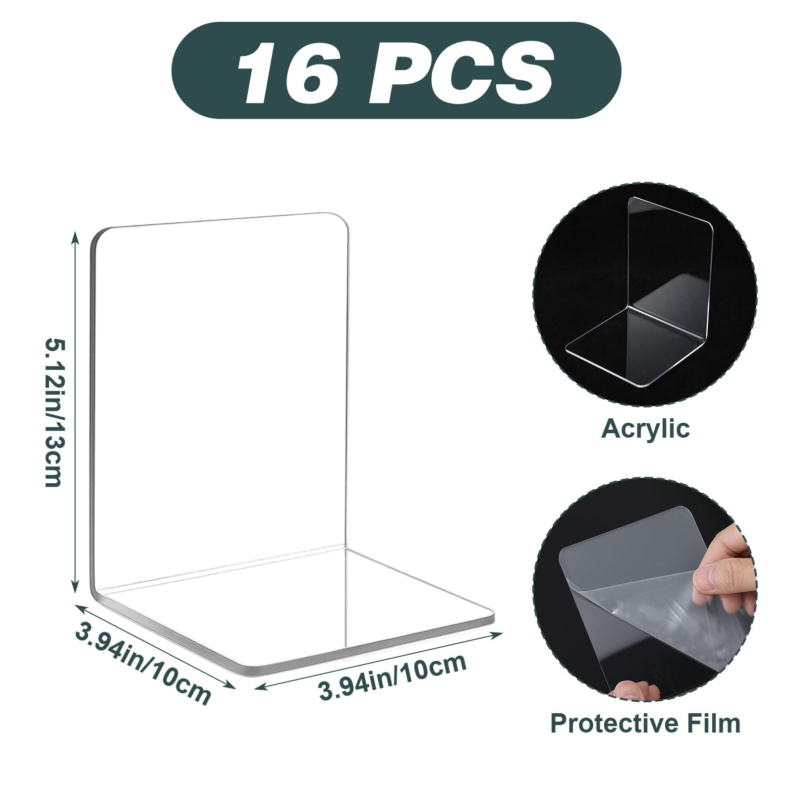 Kifmurase 16Pcs Bookends, Clear Acrylic Bookends for Shelves, Transparent