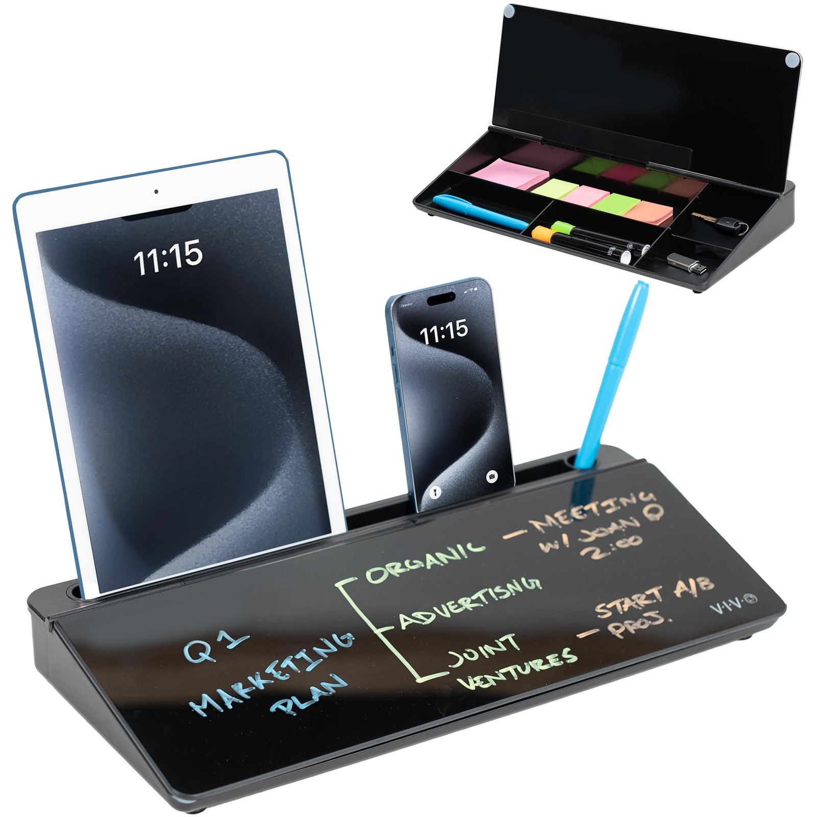 Vivo Glass 16 x 7 inch Dry Erase Board with Storage, 16″W x 7″H, Black