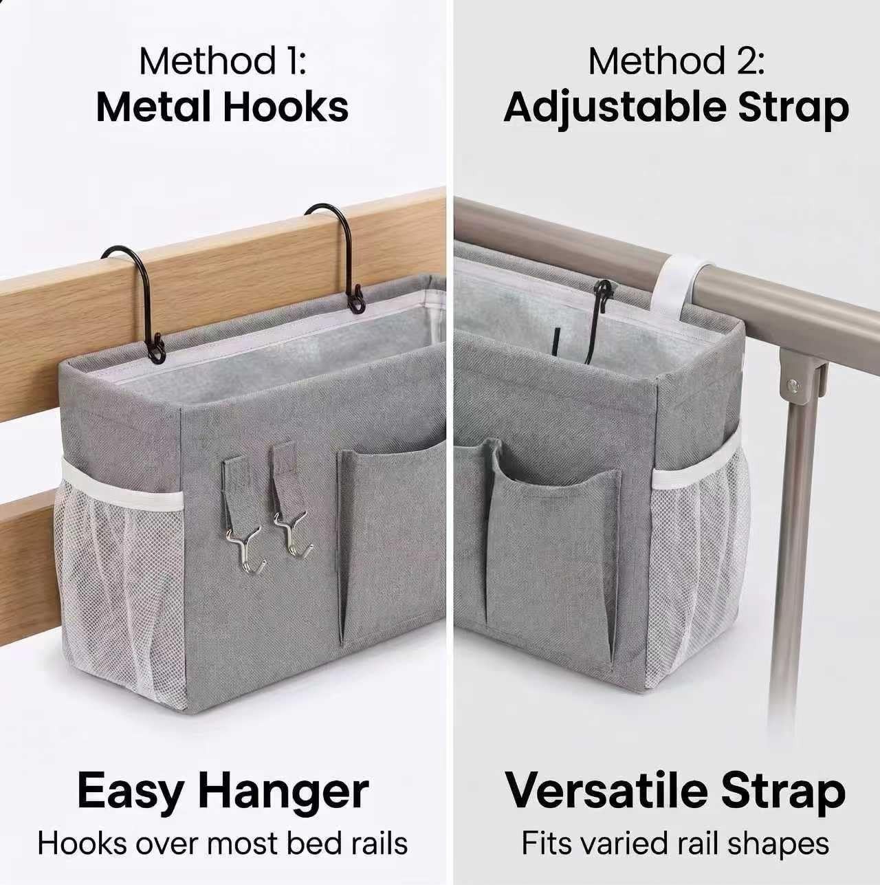 1pc Bedside Caddy Organizer with Hooks, No-Sagging Canvas Hanging Bed Pocket …