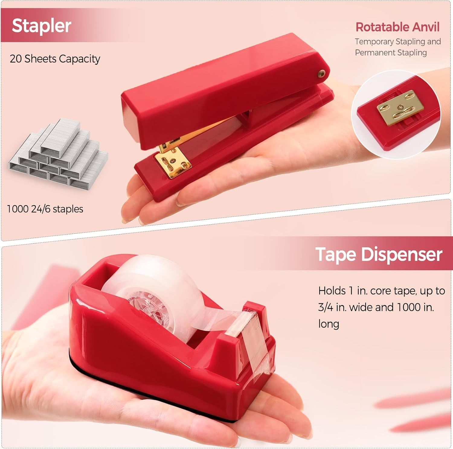 Red Office Supplies Set, Desk Accessories, Stapler, Tape Dispenser, Scissors,…