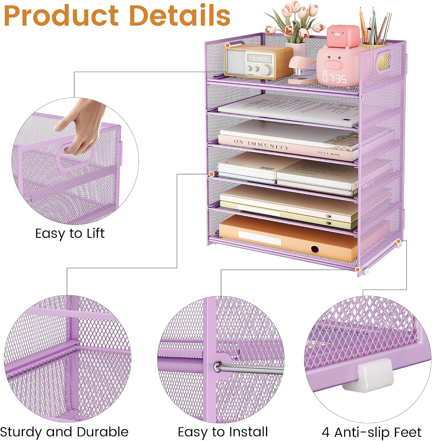 6 Tier Paper File Tray Organizer for Desk, Purple Mesh Desk Letter Paper File Fo