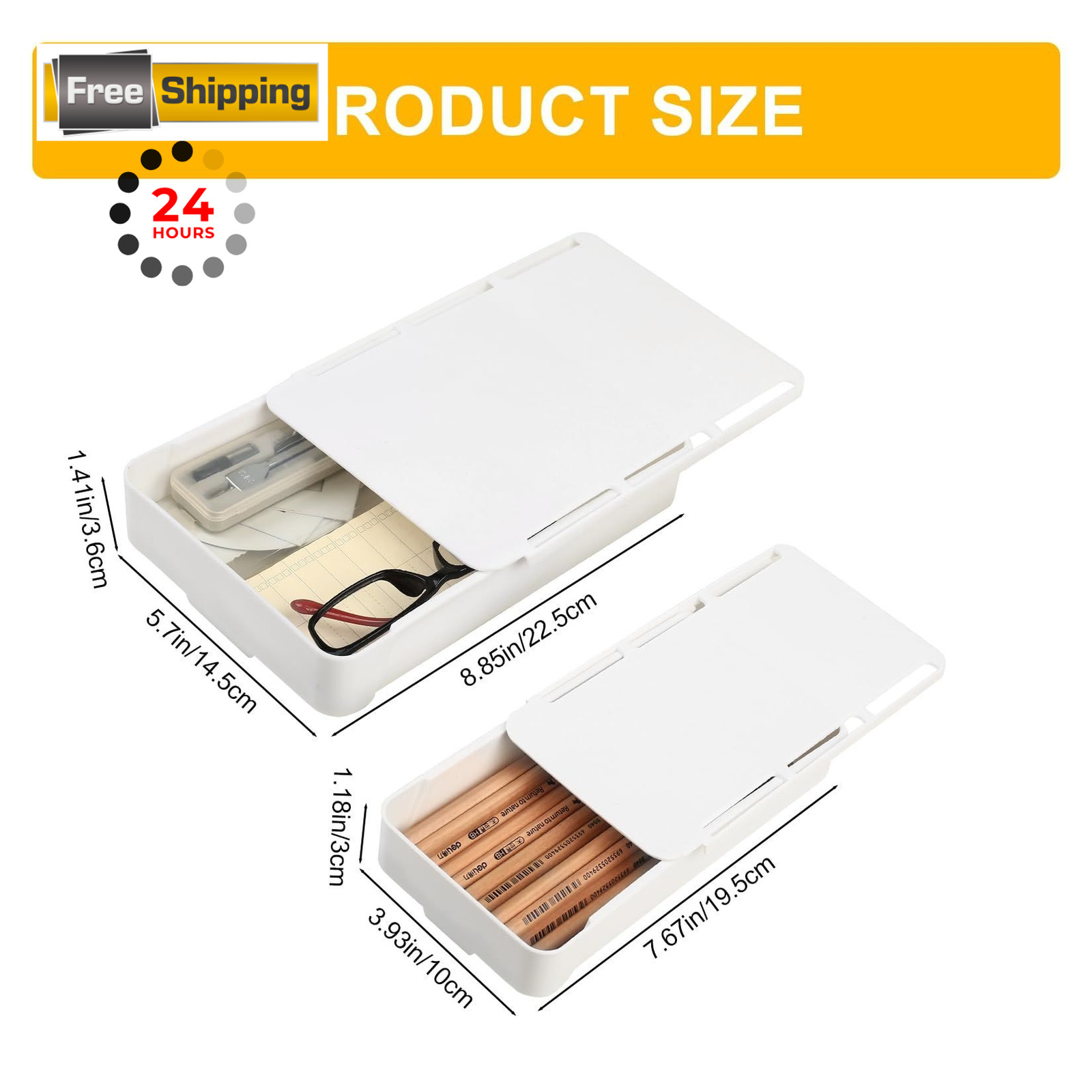 2pcs Under Desk Drawers – Self-Adhesive Hidden 8.85×5.7×1.41 inch, White