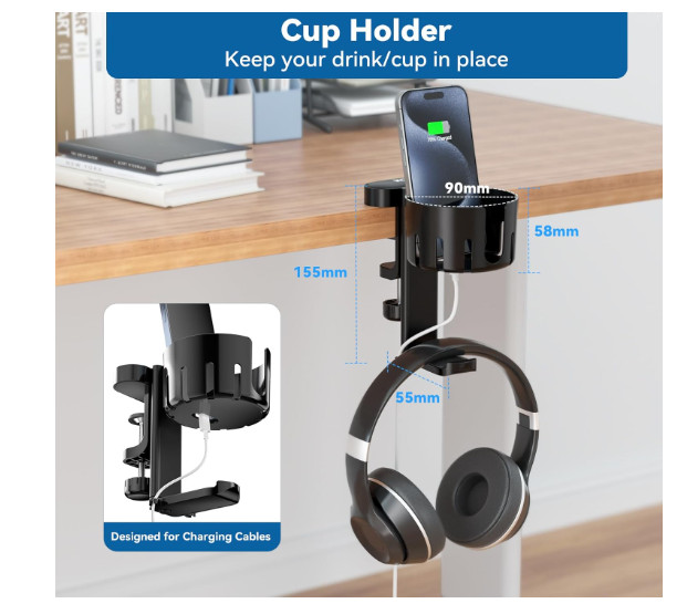 2in1 Headphone Hanger with Desk Cup Holder Under Desk Rotatable Headset Holder S