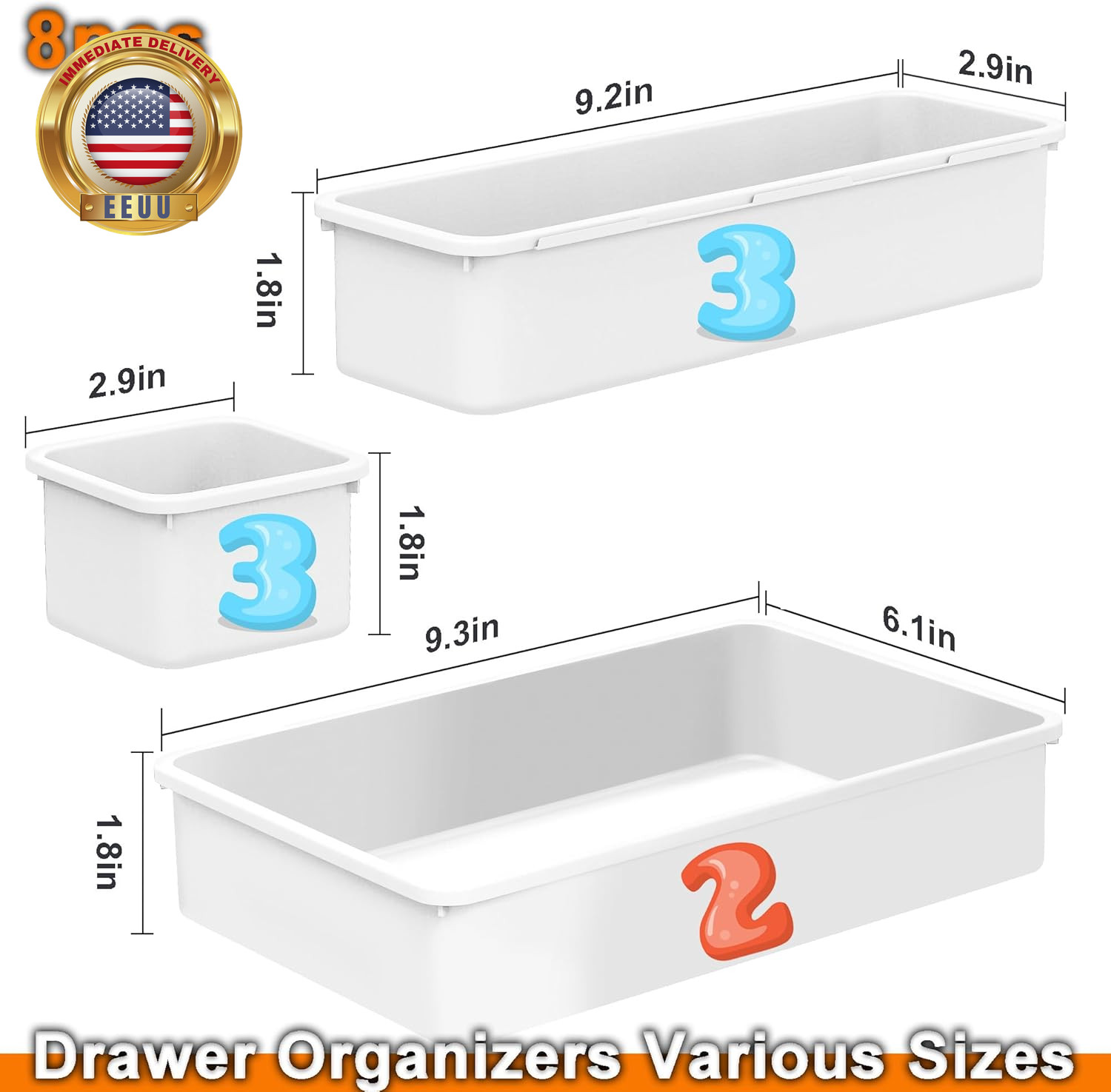 Desk Drawer Organizer Tray Set, 8PCS Plastic Drawer Organizer Bins for Office, M