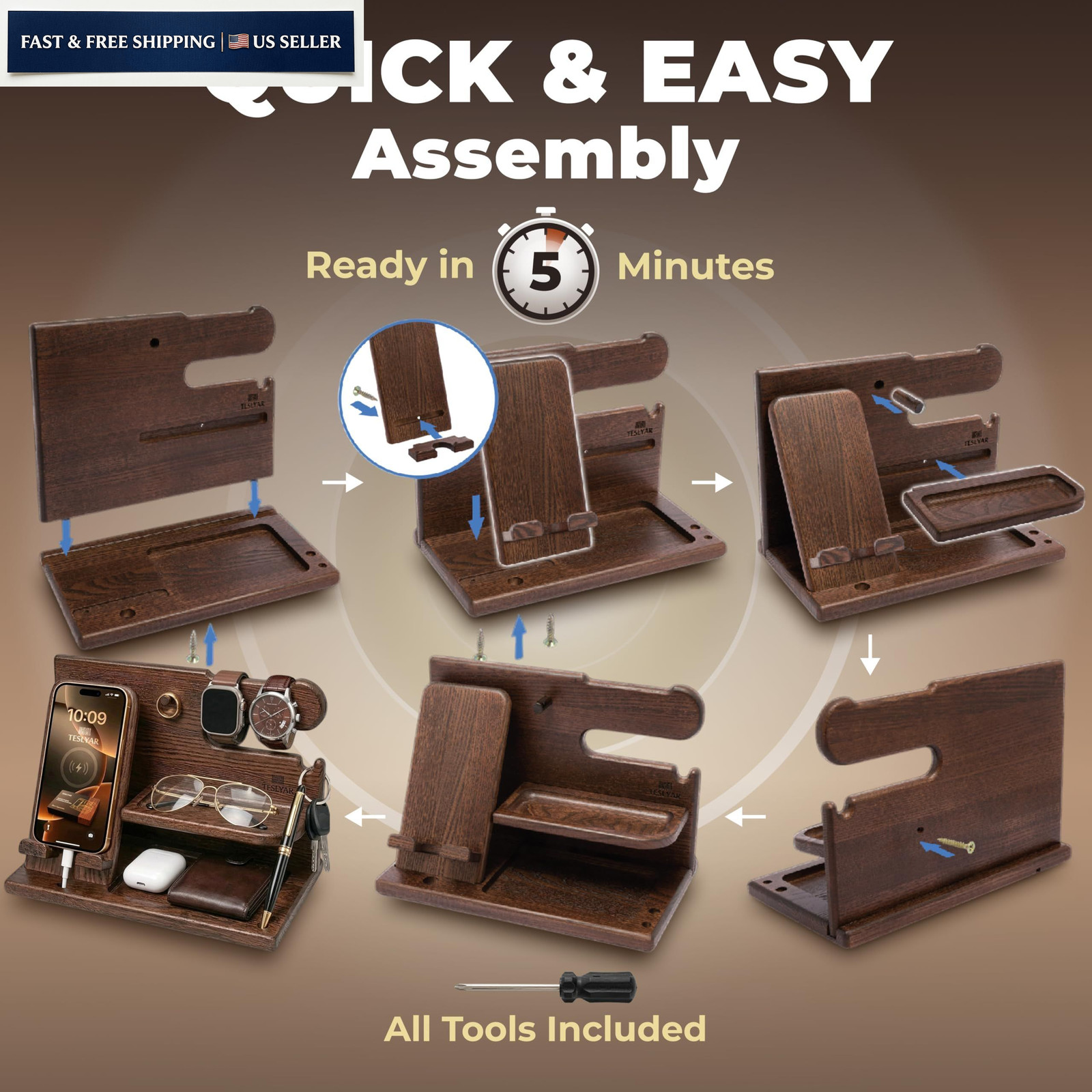 TESLYAR Wood Phone Docking Station for Men – Desk or Nightstand Bourbon Brown
