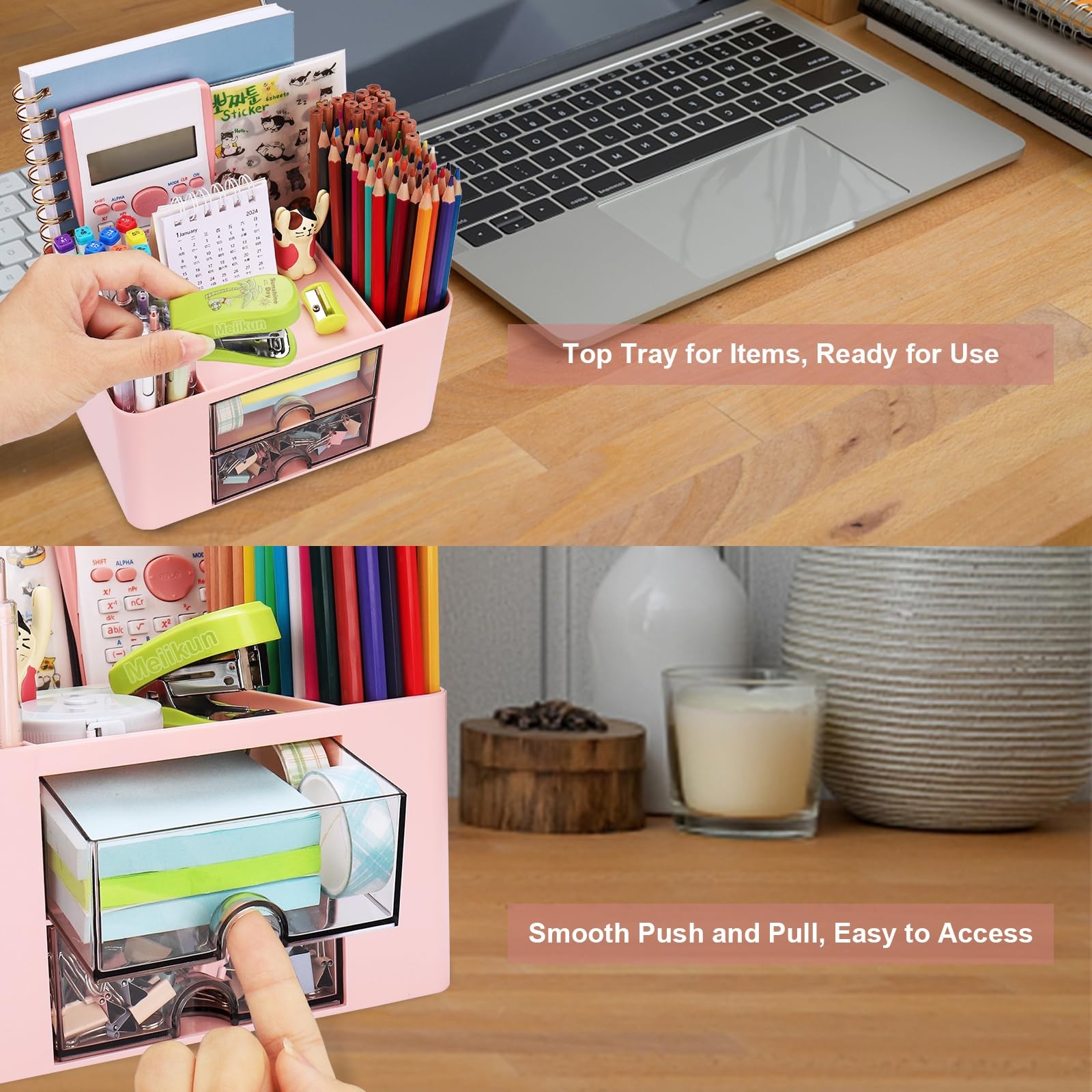 Plastic Pen Organizer, Multifunctional Desk Organizer with 2 Drawers, 4 Compa…