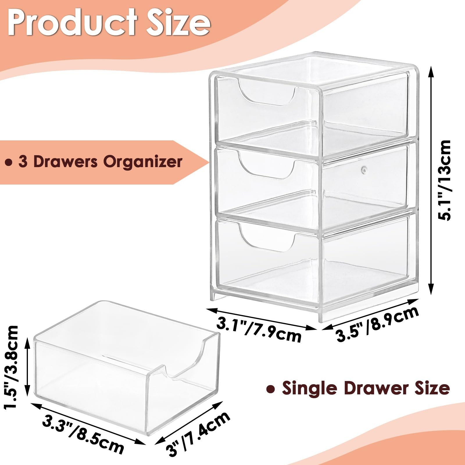 2 Pack Small Acrylic Storage Organizer with Drawers, 3-Layer Clear Desktop Or…