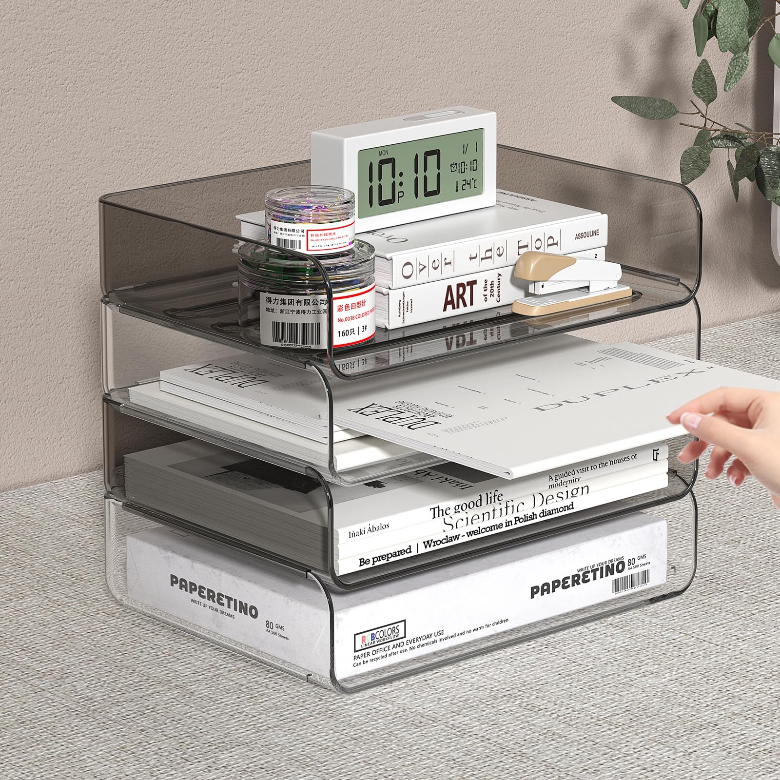 1 PCS Clear And Brown 4Tier Acrylic Paper Tray Organizer For Desk Stackable
