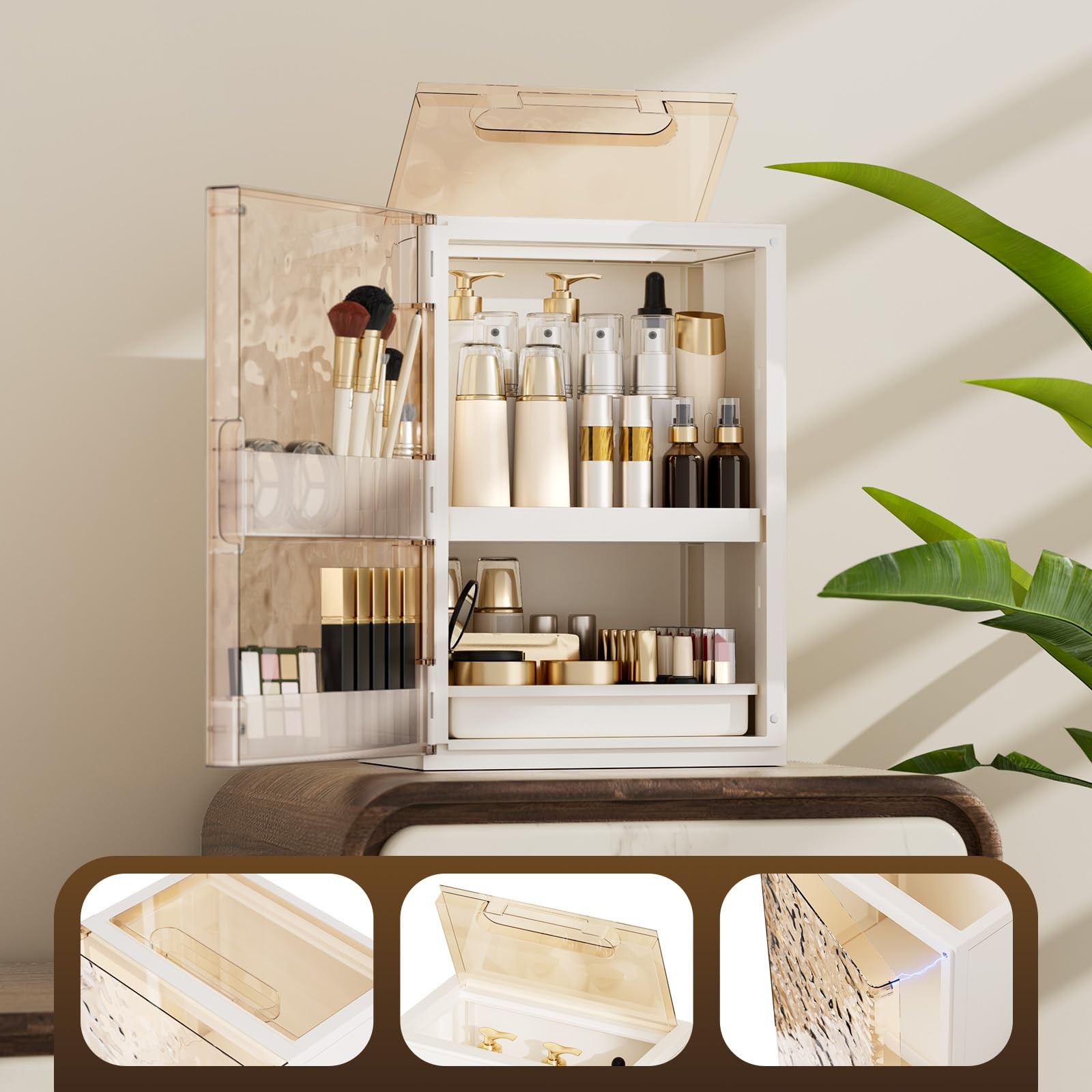 AERCIINC Makeup Organizer with Drawers and Lid, 9.9”L × 7.3”W × 7.9”H, White