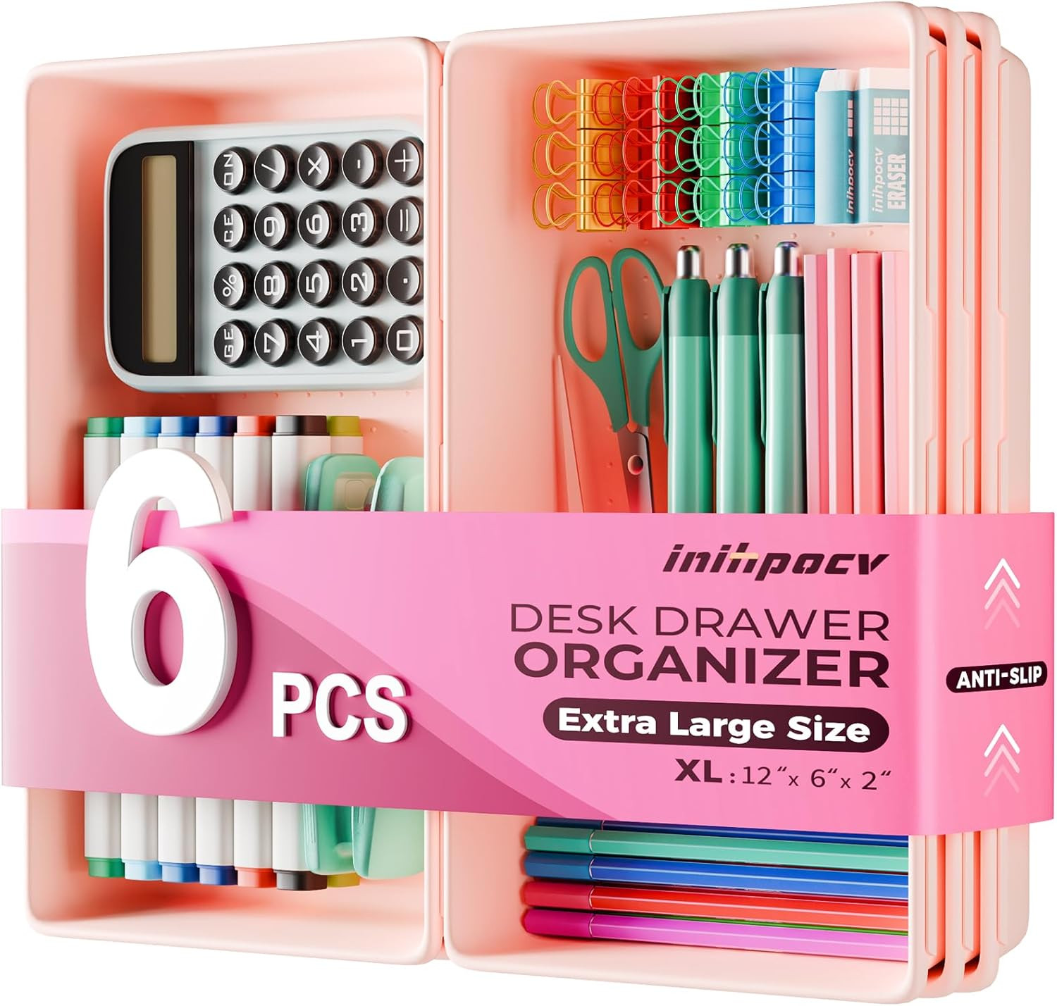 [6 PCS Extra-Large] Pink Drawer Organizer Trays with Non-Slip Pads, Interlocking