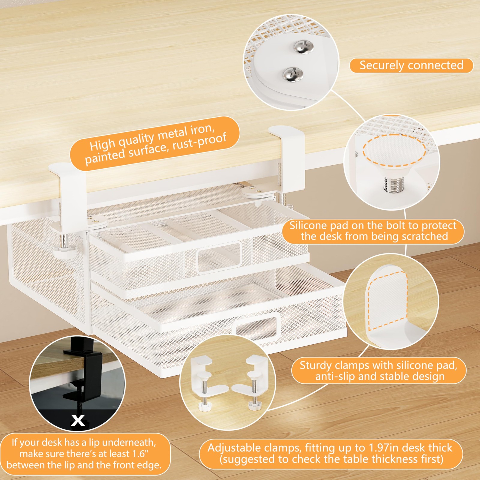 ROLIZOE Sliding Under Desk Drawer Organizer No 10.24×8.27×5.31 inches, White