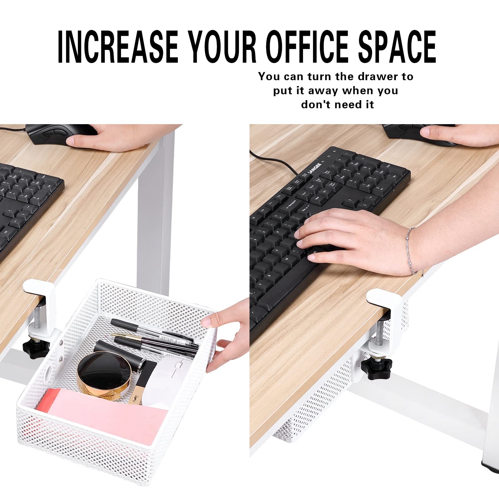 Clamp~On Mesh Desk Organizer with Swivel Pencil Drawer, White