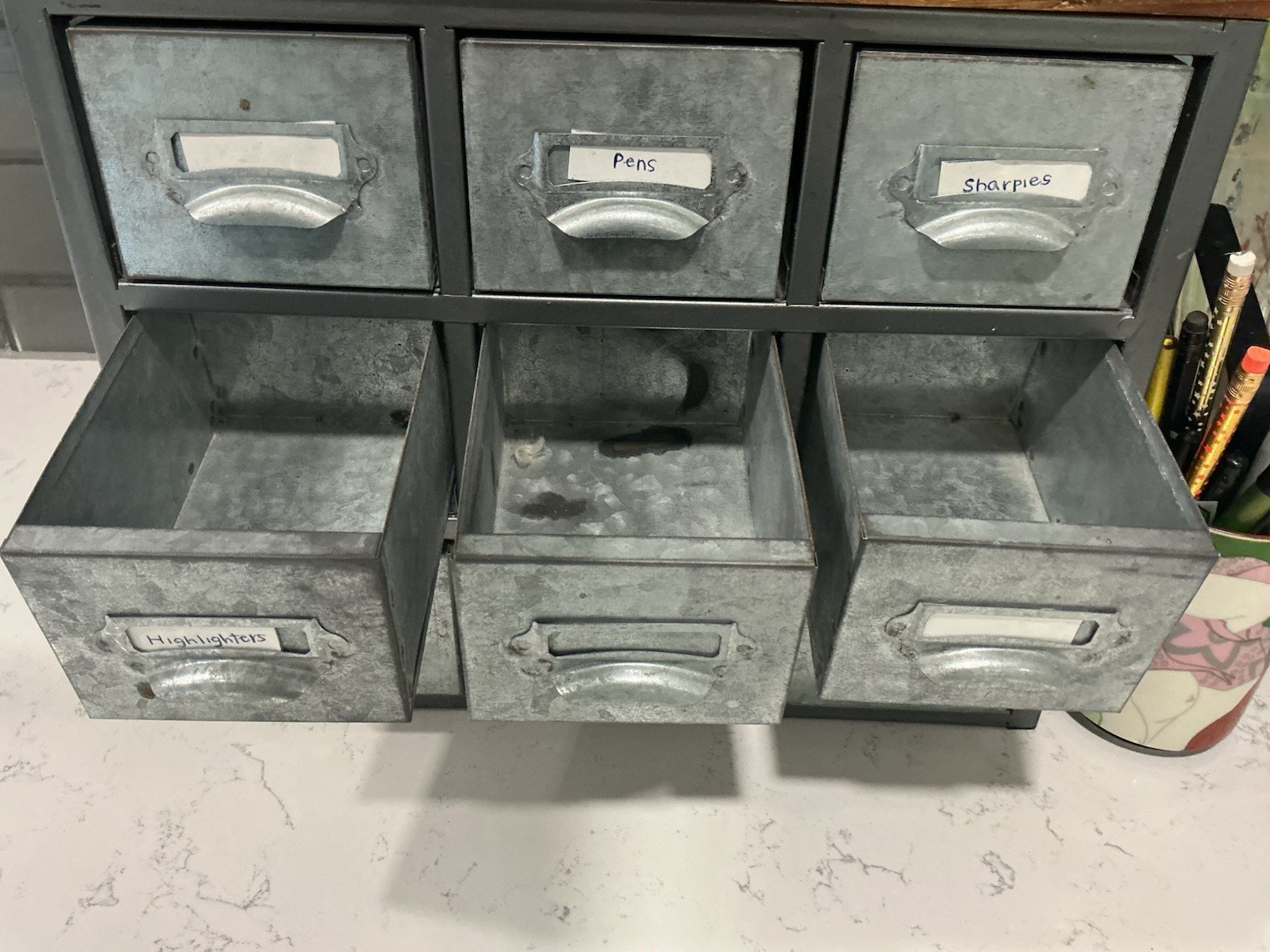 Cheung’s Desktop Galvanized 9 Drawer Vertical Organizer w/ Label Scoop Wood Top