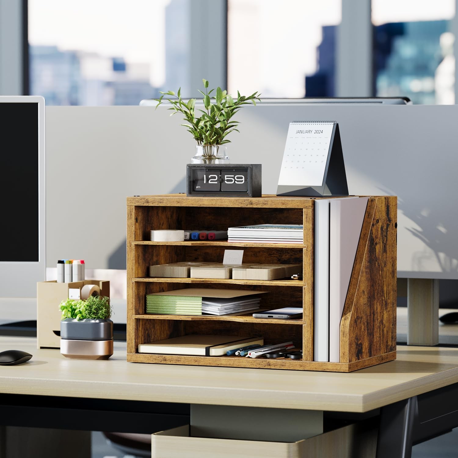 File Organizer Desktop, Wood Desk Organizer with 3 Adjustable Shelves, Mail P