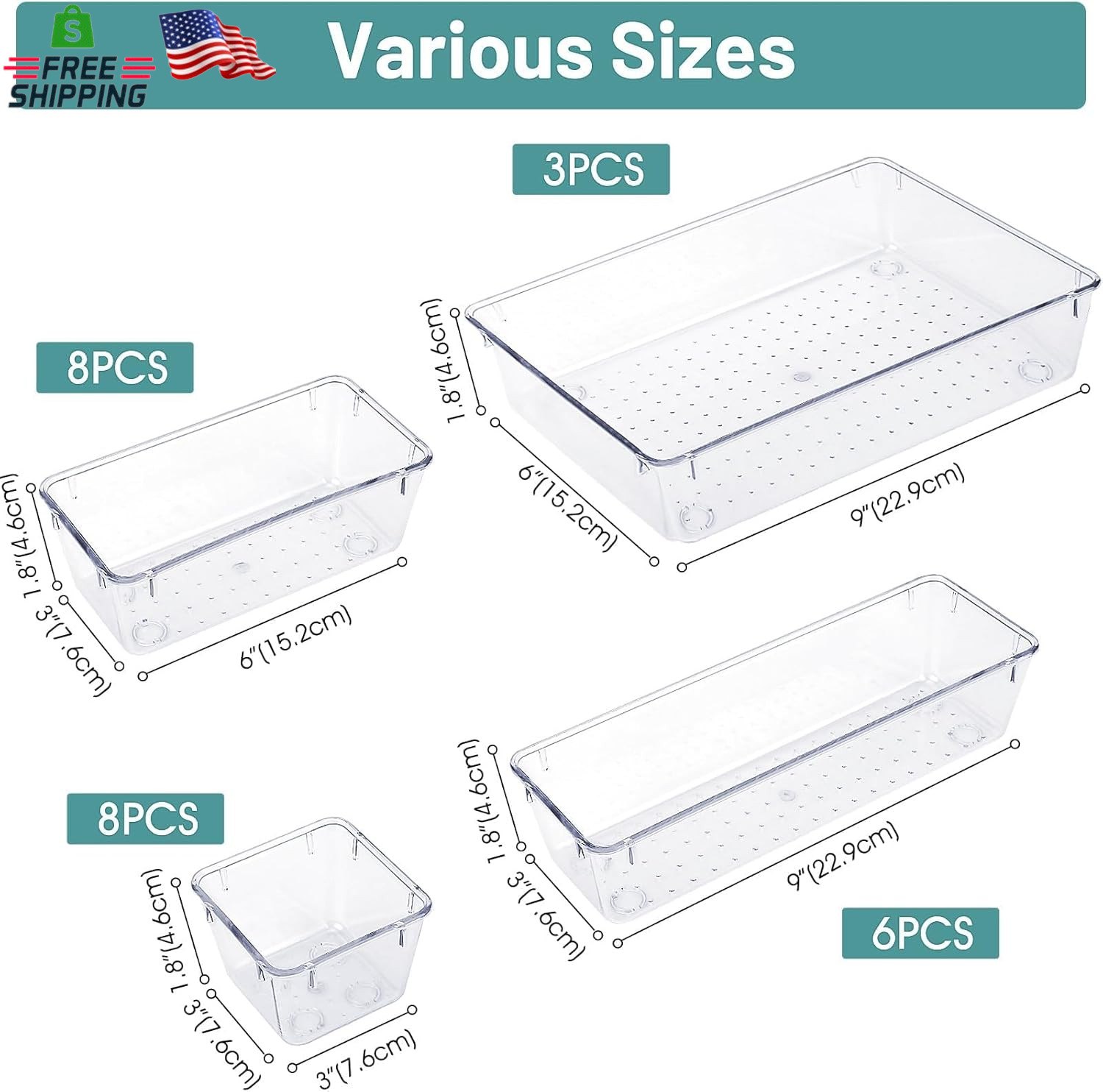 25-Pc Clear Plastic Drawer Organizer Set 4 Sizes for Desk, Makeup, Jewelry, Home