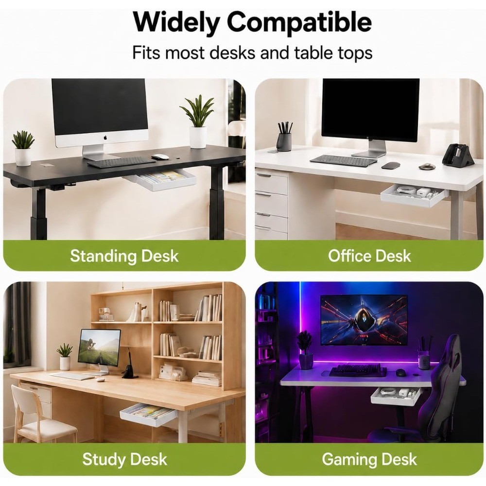 Under Desk Drawer 2 Pack Self Adhesive Slide Out Hidden Organizer White