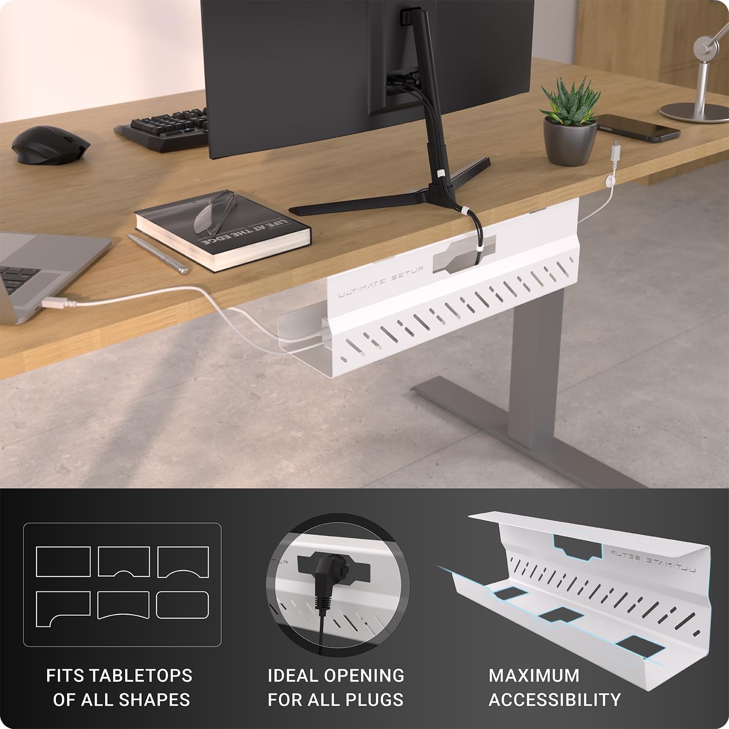 Under Desk Cable Management Tray no Drill – Wire 1 piece set, White