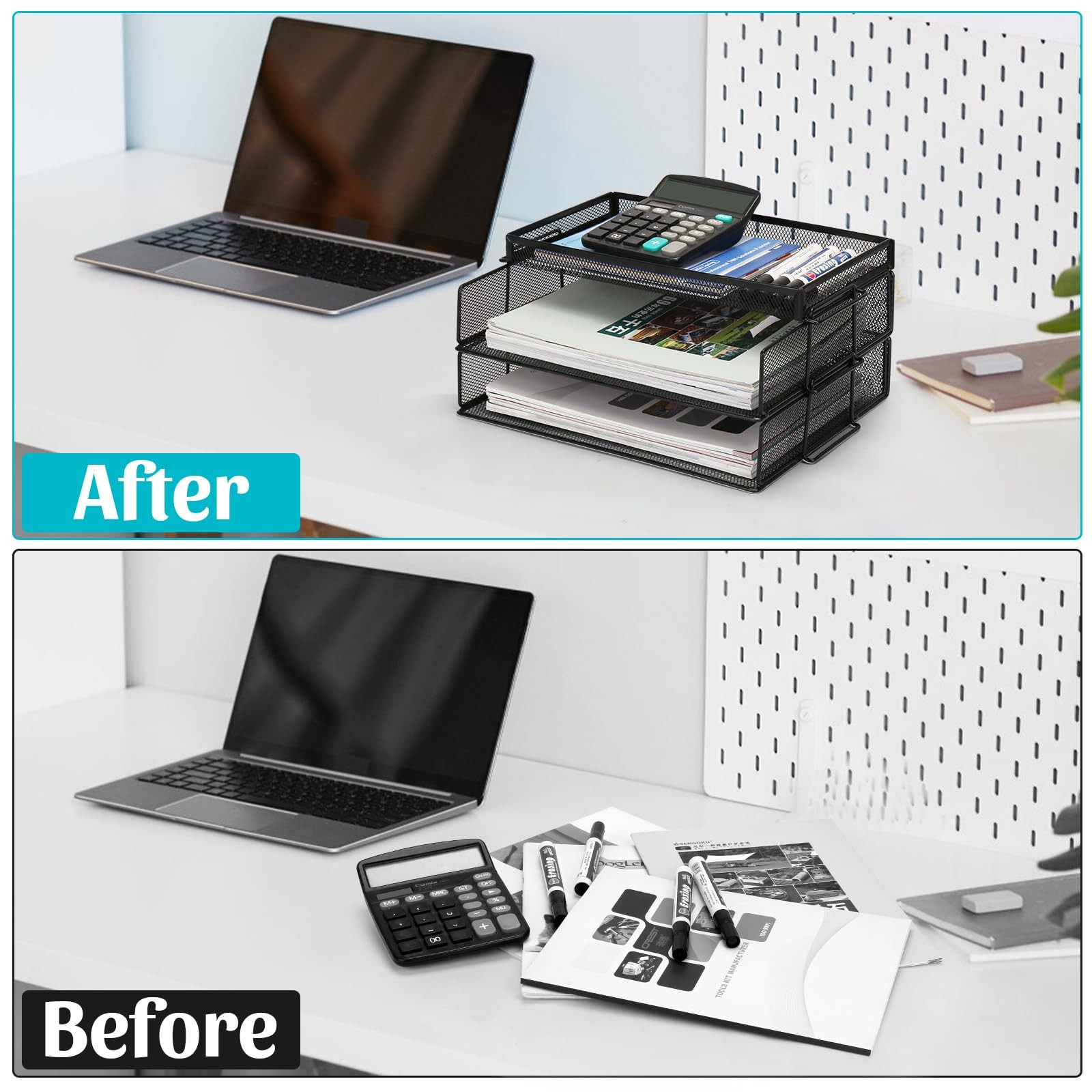 OUTFANDIA Office Drawer Organizer, 2 Tiers Stackable Paper Tray Black