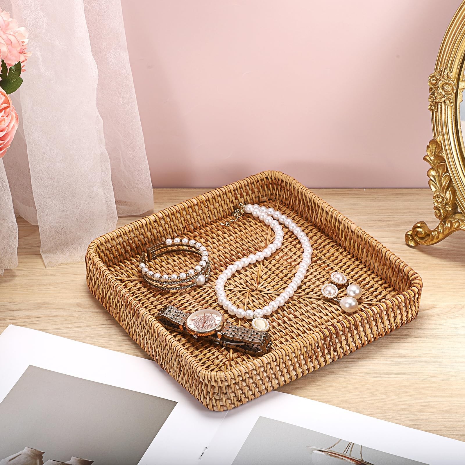 Small Remote Basket for Coffee Table Entryway Living Room Rattan Serving Tray…