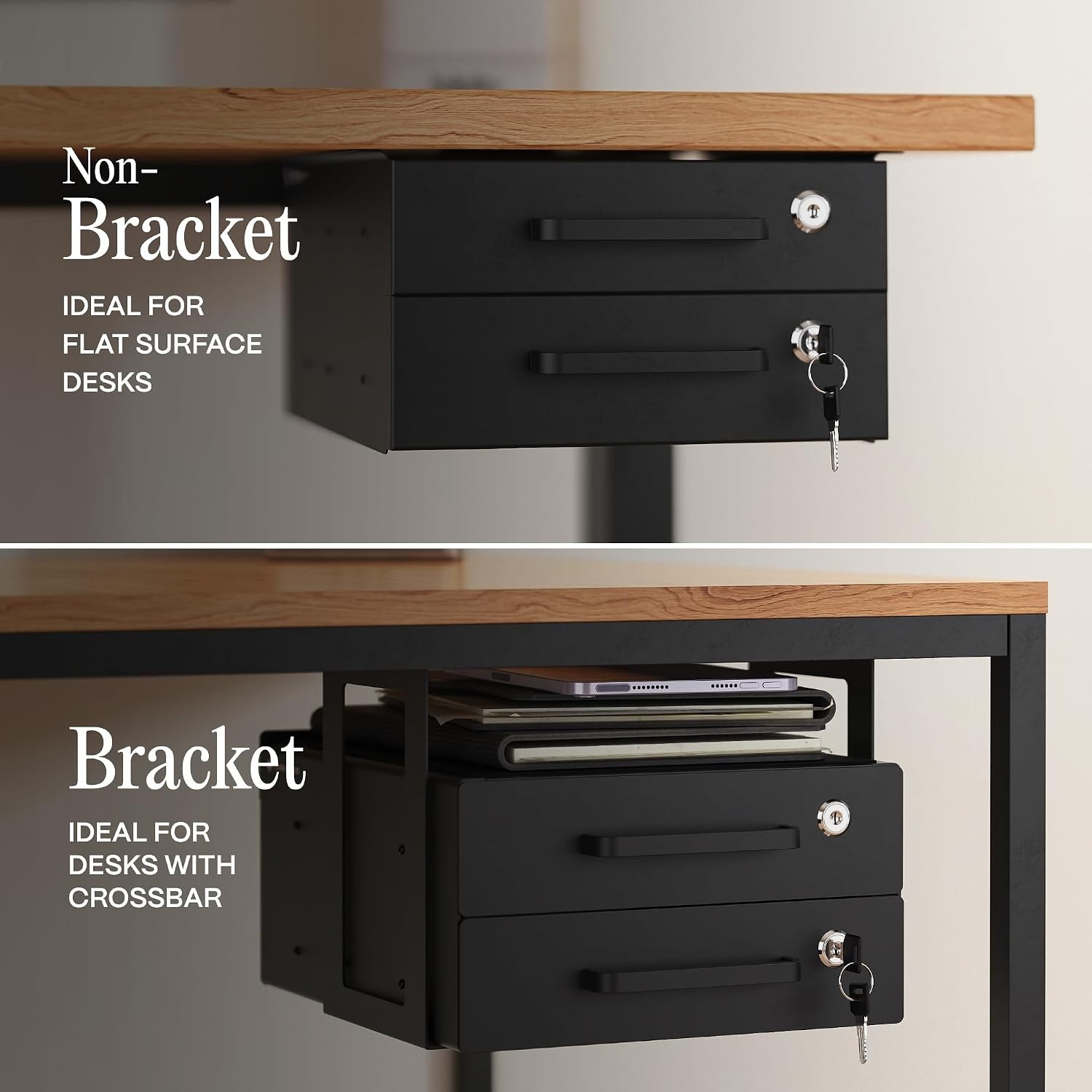 Under Desk Drawer Slide-Out Lockable Metal Storage Double Black (Non-Bracketed)