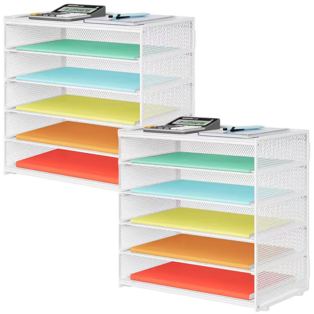 12.5 in X 13.25 White 2 Pack 6 Tier Paper Organizer, Metal Mesh Desk File Folder