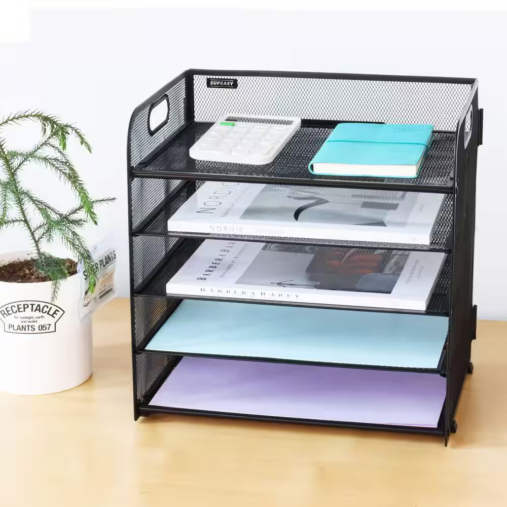 Black 12 In. X 11.22 In. Mesh Steel Wire Paper Tray Organizer with Handle for Of