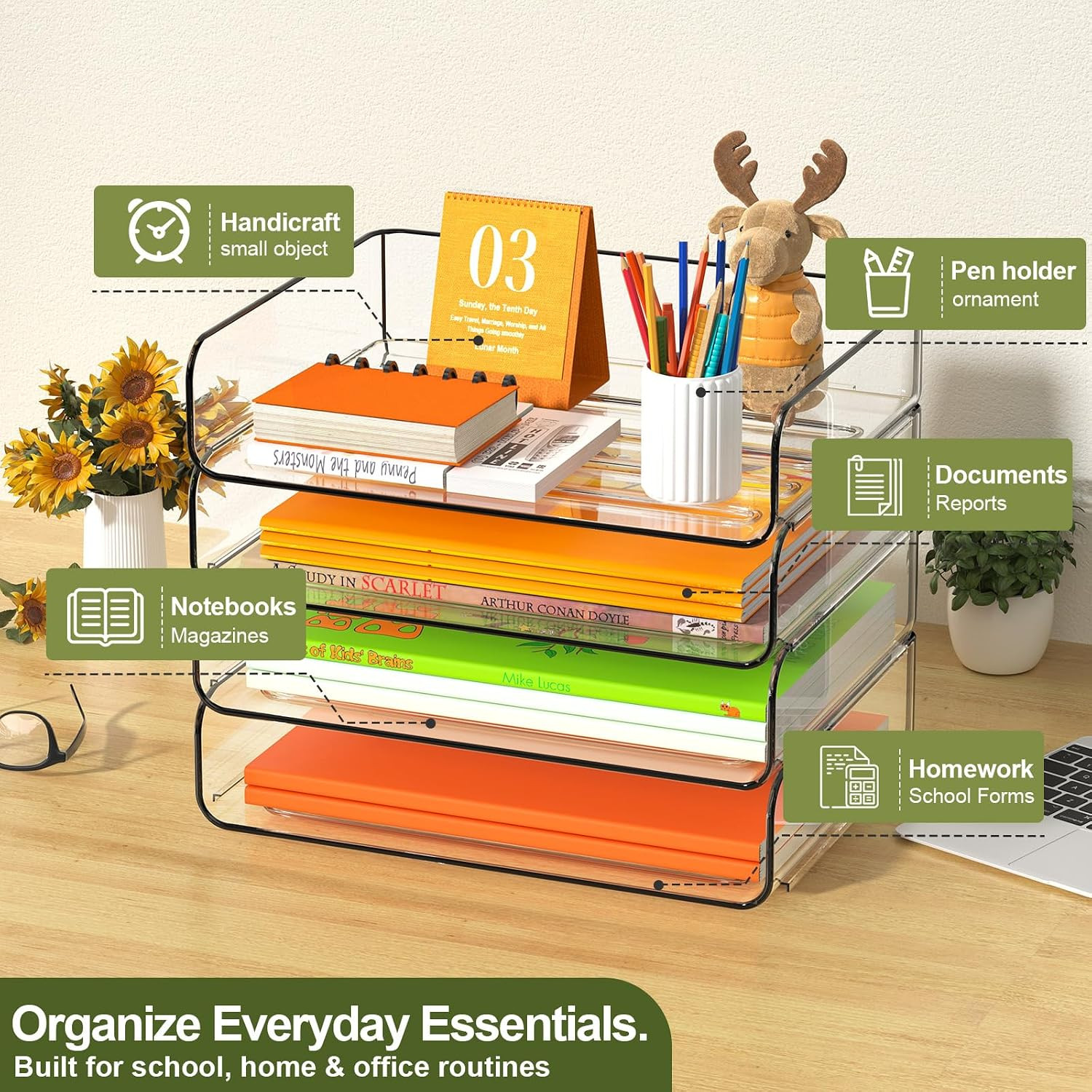 FANXIYQ 4-Tier Acrylic Paper Tray Organizer – Low-Profile Desk File Sorter for O