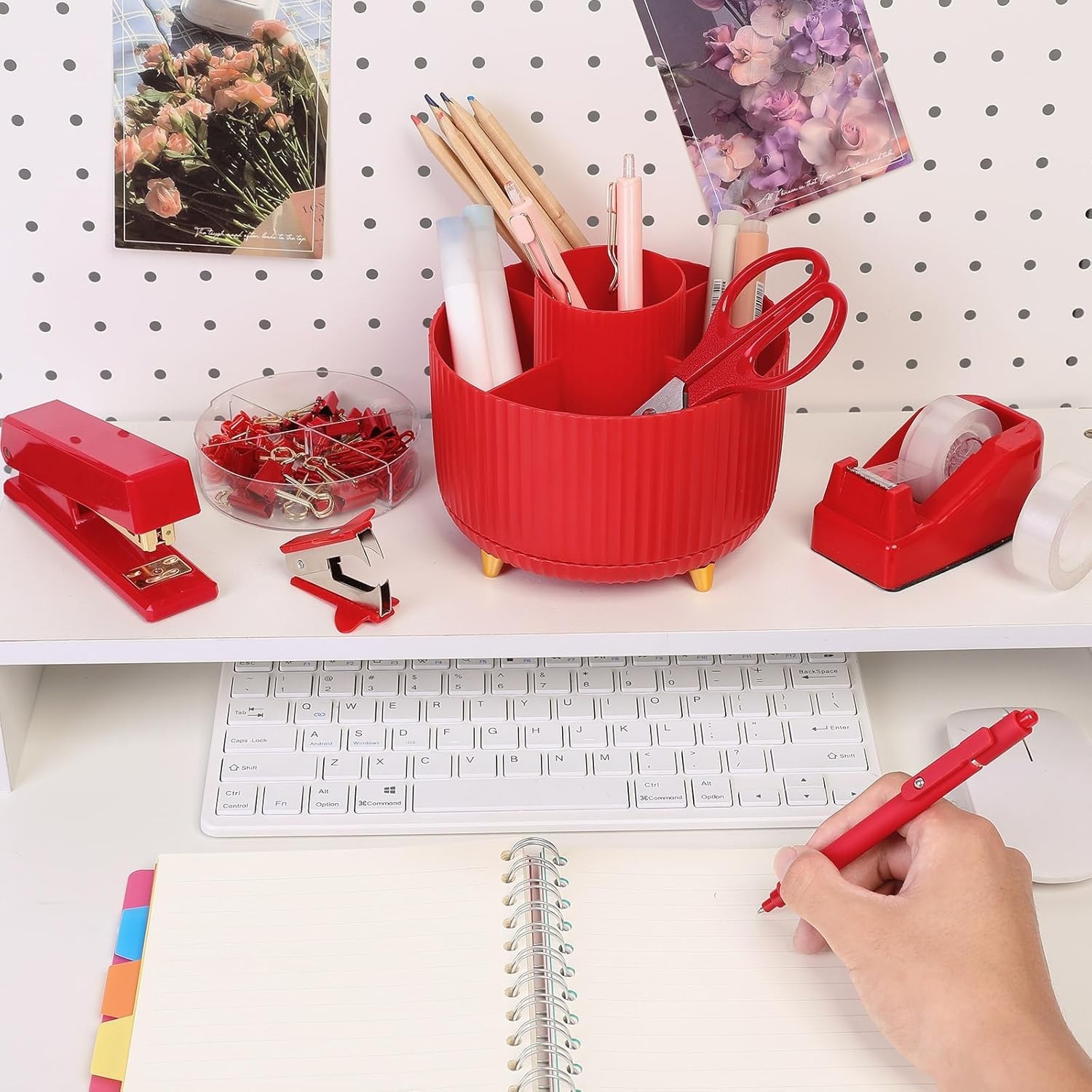 Red Office Supplies Set, Desk Accessories, Stapler, Tape Dispenser, Scissors,…