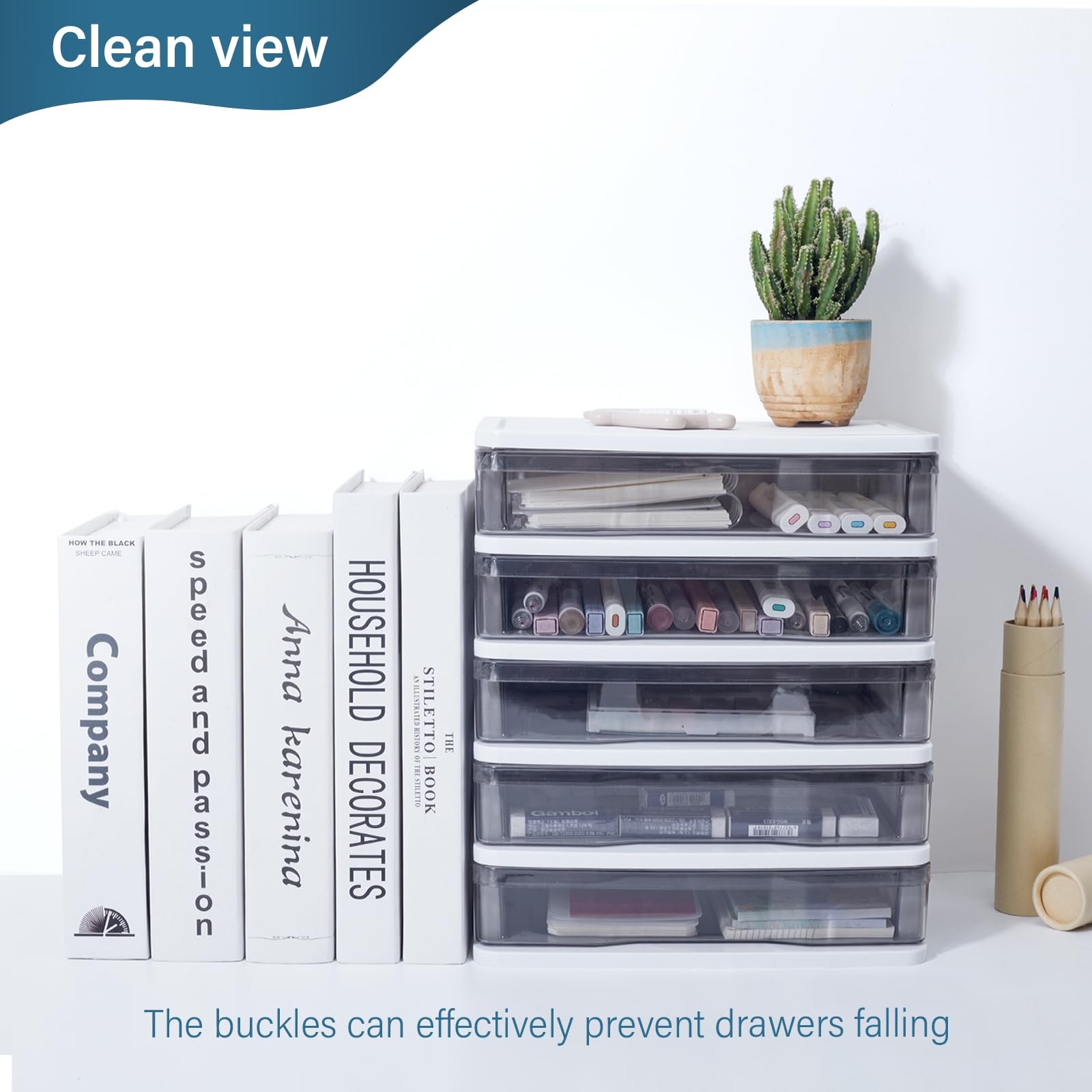 Charmewooden Plastic Drawers 5 Layer Desktop Storage, Small Organizer White