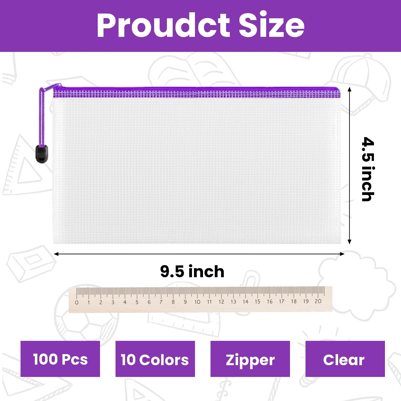 100 PCS Pencil Case Pouch Bulk 9.5”x4.5” Clear Mesh Zipper 10 Colors