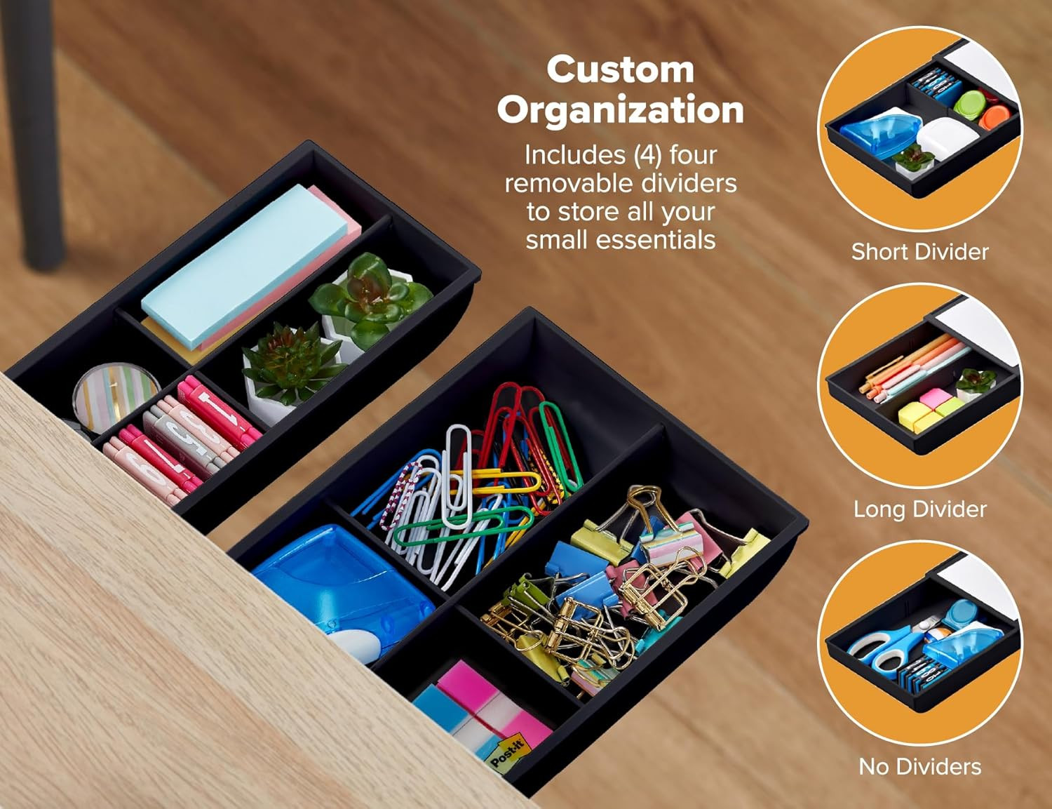 Konnect under Desk Drawer, Self-Adhesive Slide Out Storage Organizer with 4 Cust