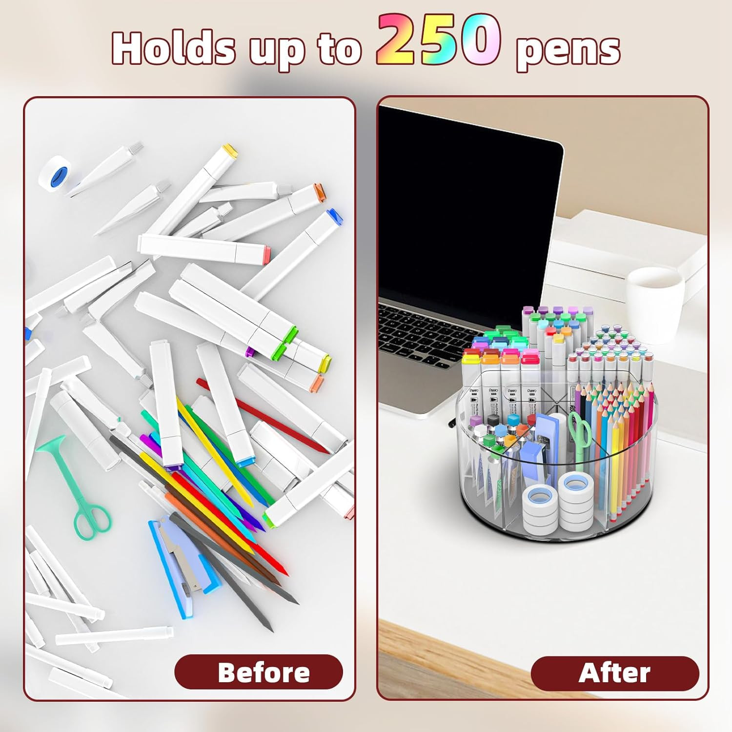 Absonic 250Pcs Acrylic Pencil Holder Marker Organizer, 360-Degree Rotating Pen H