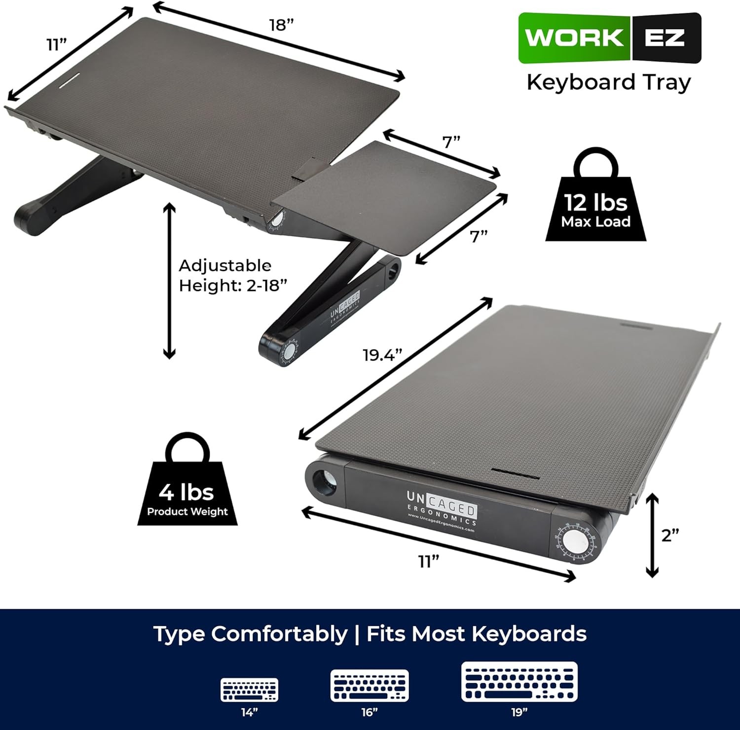 WorkEZ Adjustable Computer Keyboard Stand for Desk, 18L x 11W inches, Black