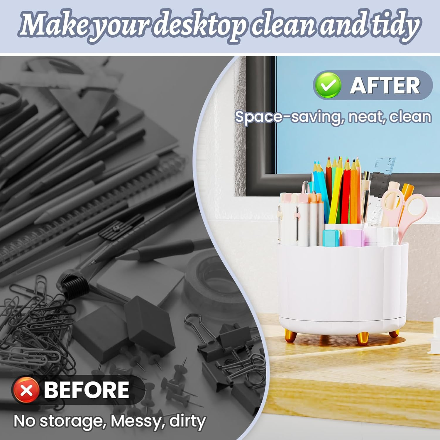 360 Rotating Pencil Pen Holder for Desk, White Pen Organizer with 6 Slots, Cute