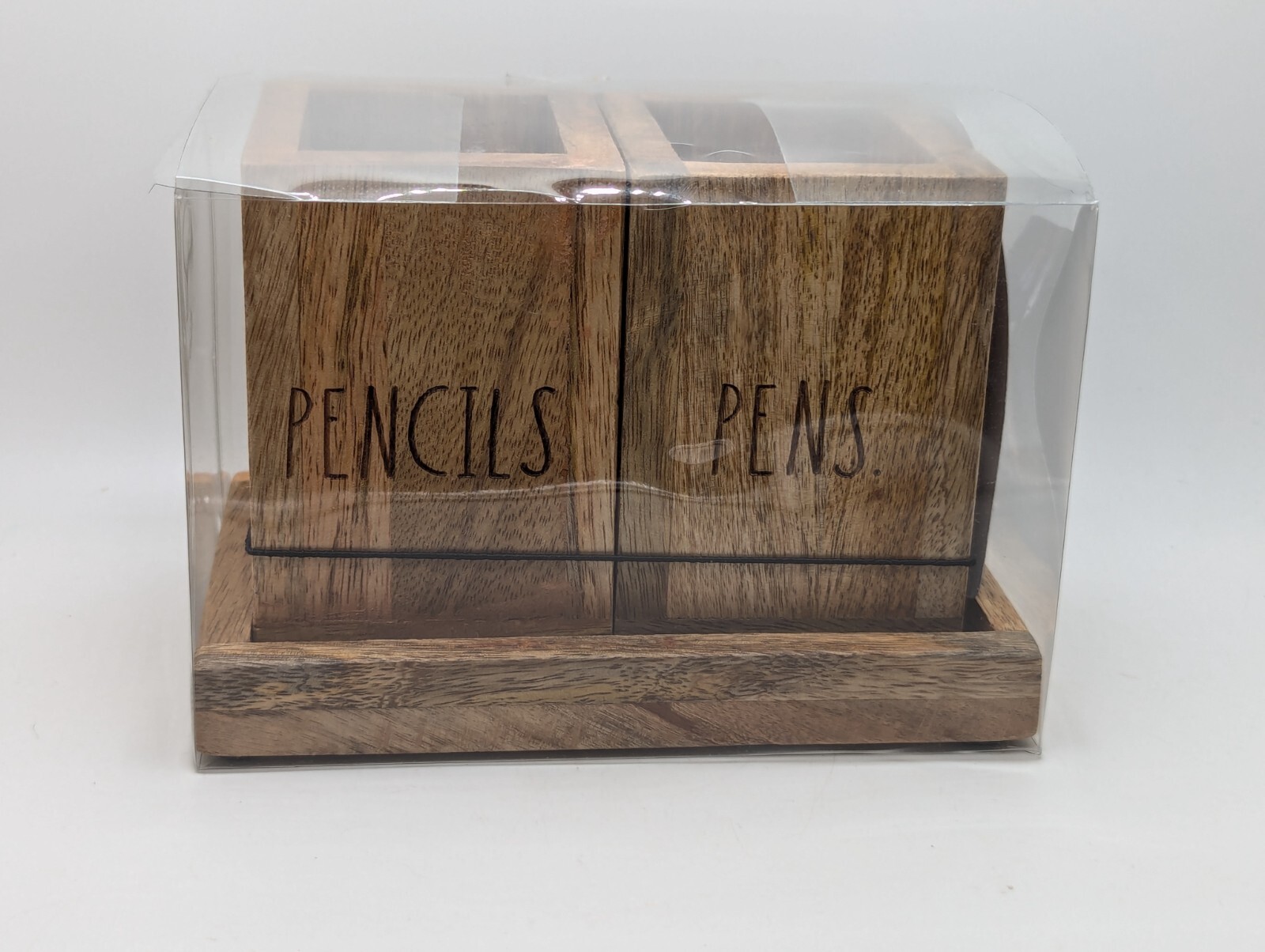 NEW Rae Dunn Wooden Pen and Pencil Holder with Base Tray Natural Wood Color