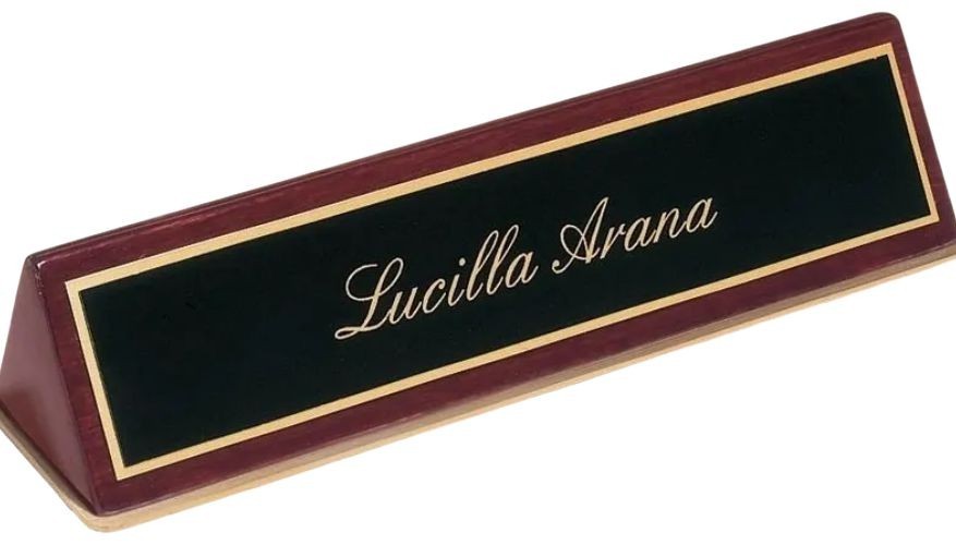 Personalized Engraved Rose Wood Piano Finished Desk Name Plate with Holder 9.5″
