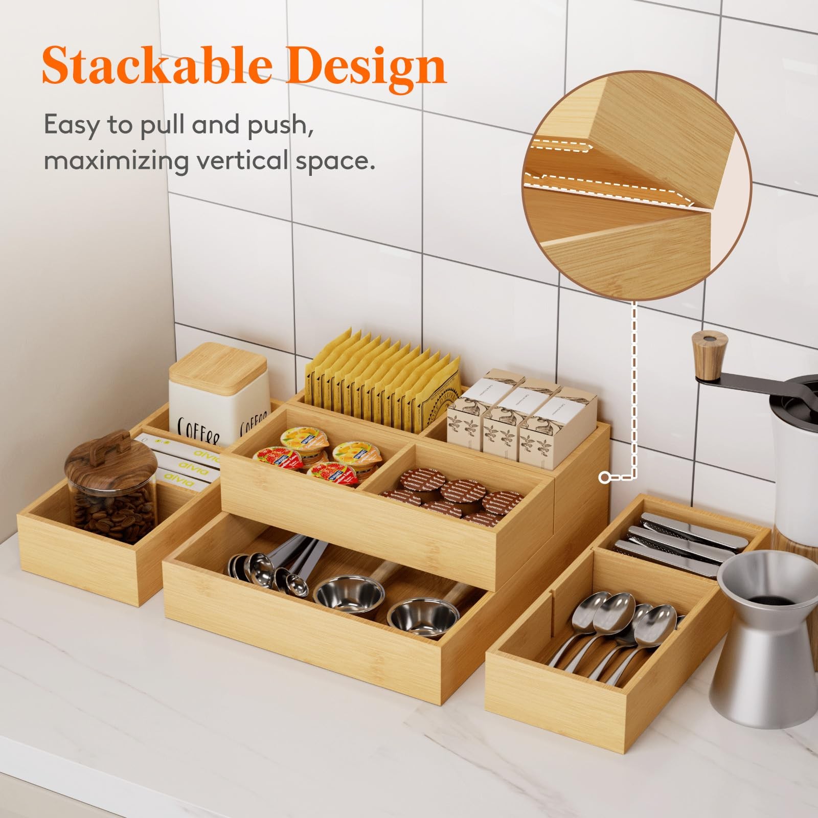 Lifewit Drawer Organizers 5 Pack(11 Grid) with 6 Inserts, Adjustable natural