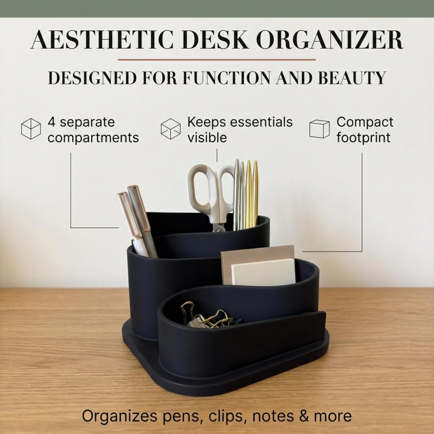 Black Desk Organizer with Pen Holder – Aesthetic Desk Accessories for Women Offi