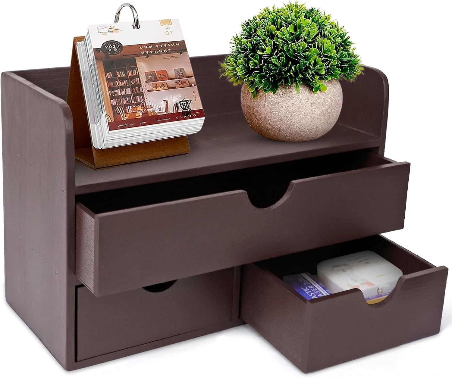 Elegant Vintage Wooden Desk Organizer – 3 Drawers & Top Shelf – Dark Brown