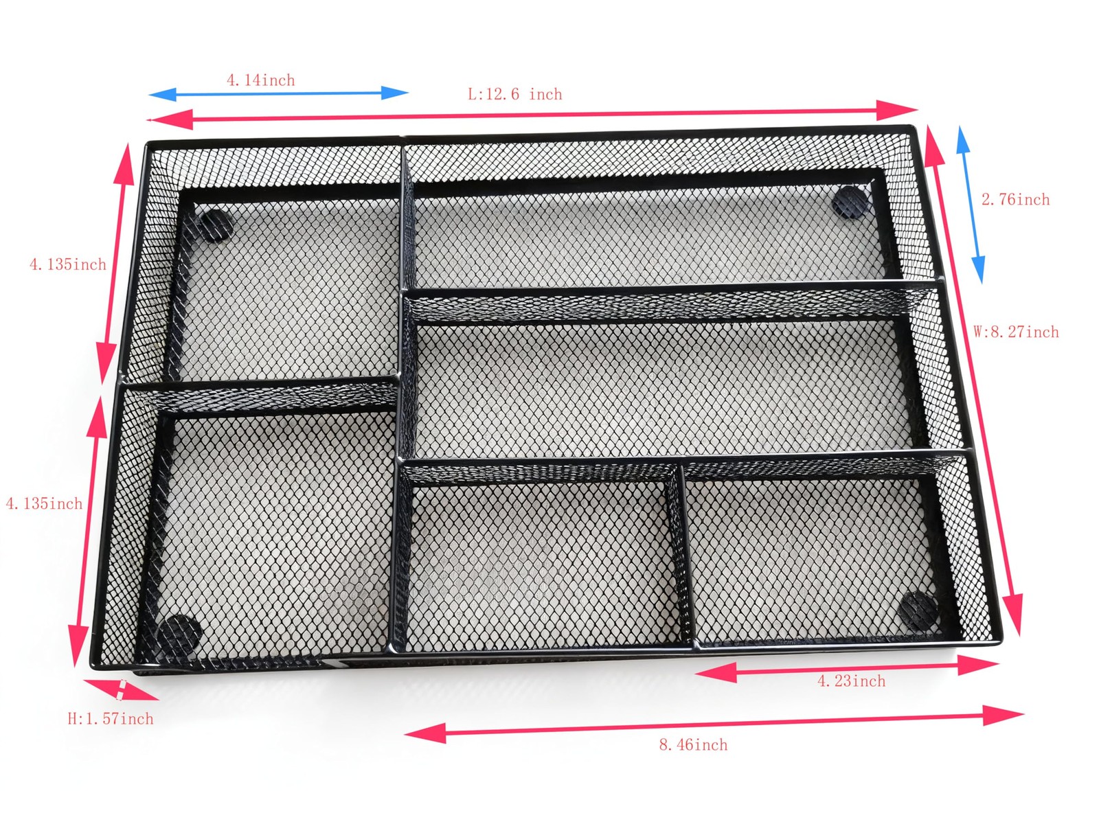 Black Mesh Desk Drawer Organizer Tray 6 Compartment 12.6×8.27×1.57 Inch