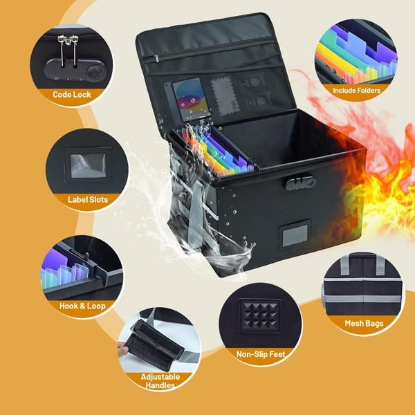 File Box with Hanging Folders Important 15.55 x 12.4 x 10.2 inches, Black
