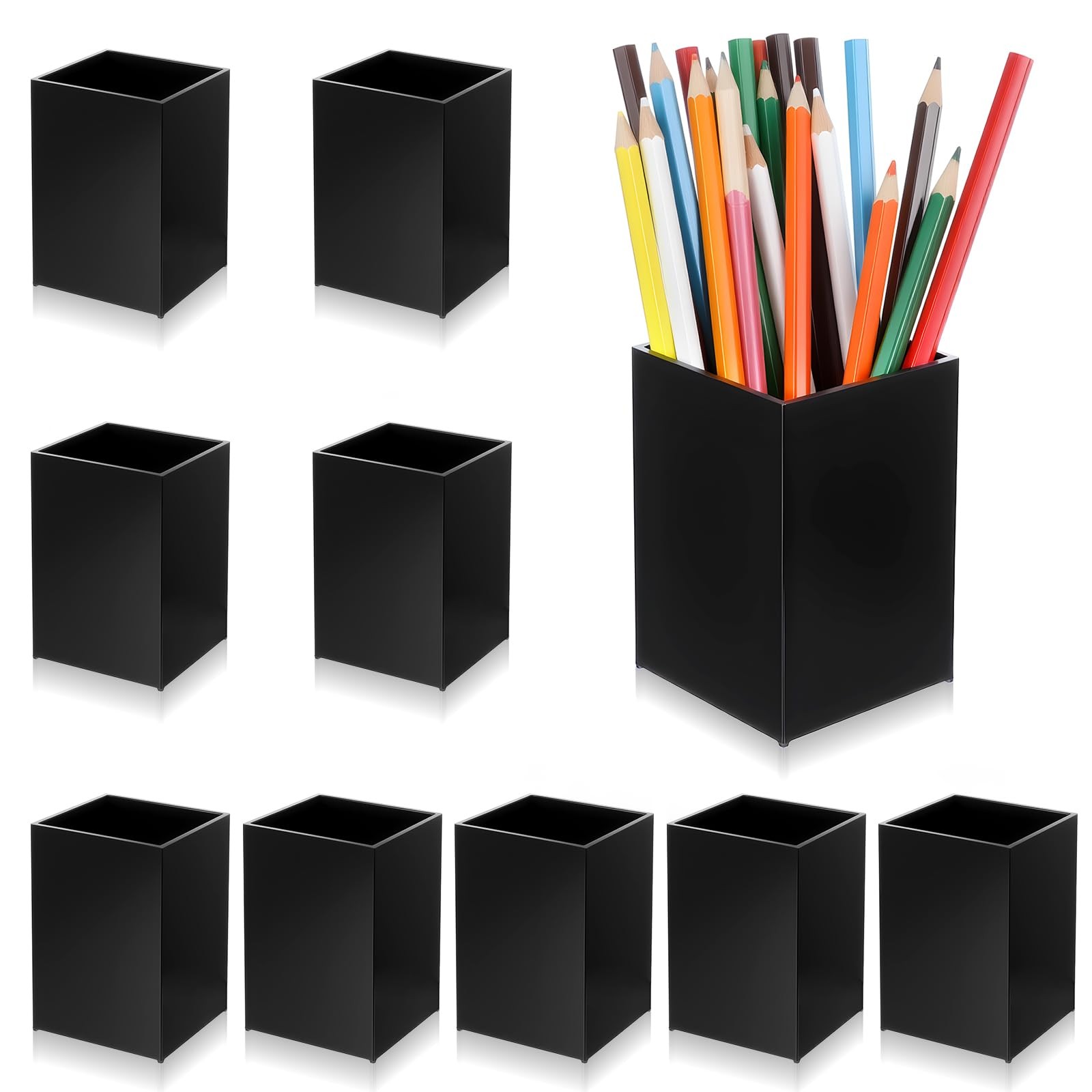 10 Pack Black Acrylic Pen Holder, Desktop Pencil Organizer Makeup Brush Holde…