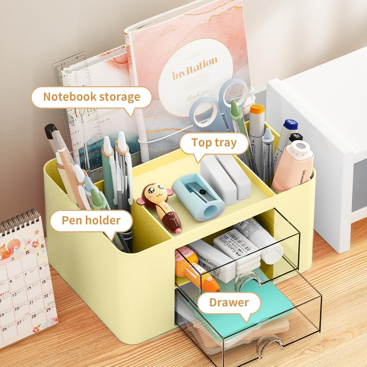 Desk Pen Organizer with 2 Drawers 5 Compartments for Office Supplies Yellow