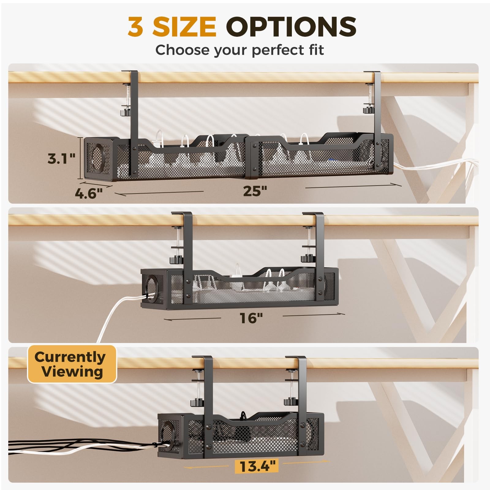 Under Desk Cable Management Tray Black, Cinati Wire 13.4″-1 Pack, Black