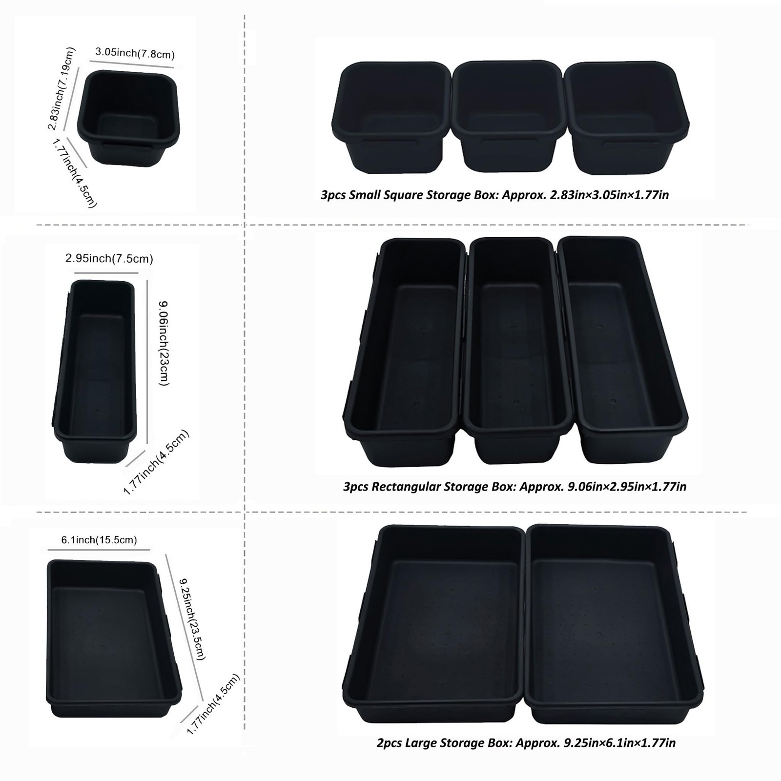 U-KIME 8-Piece Interlocking Drawer Organizer Trays, Black Plastic