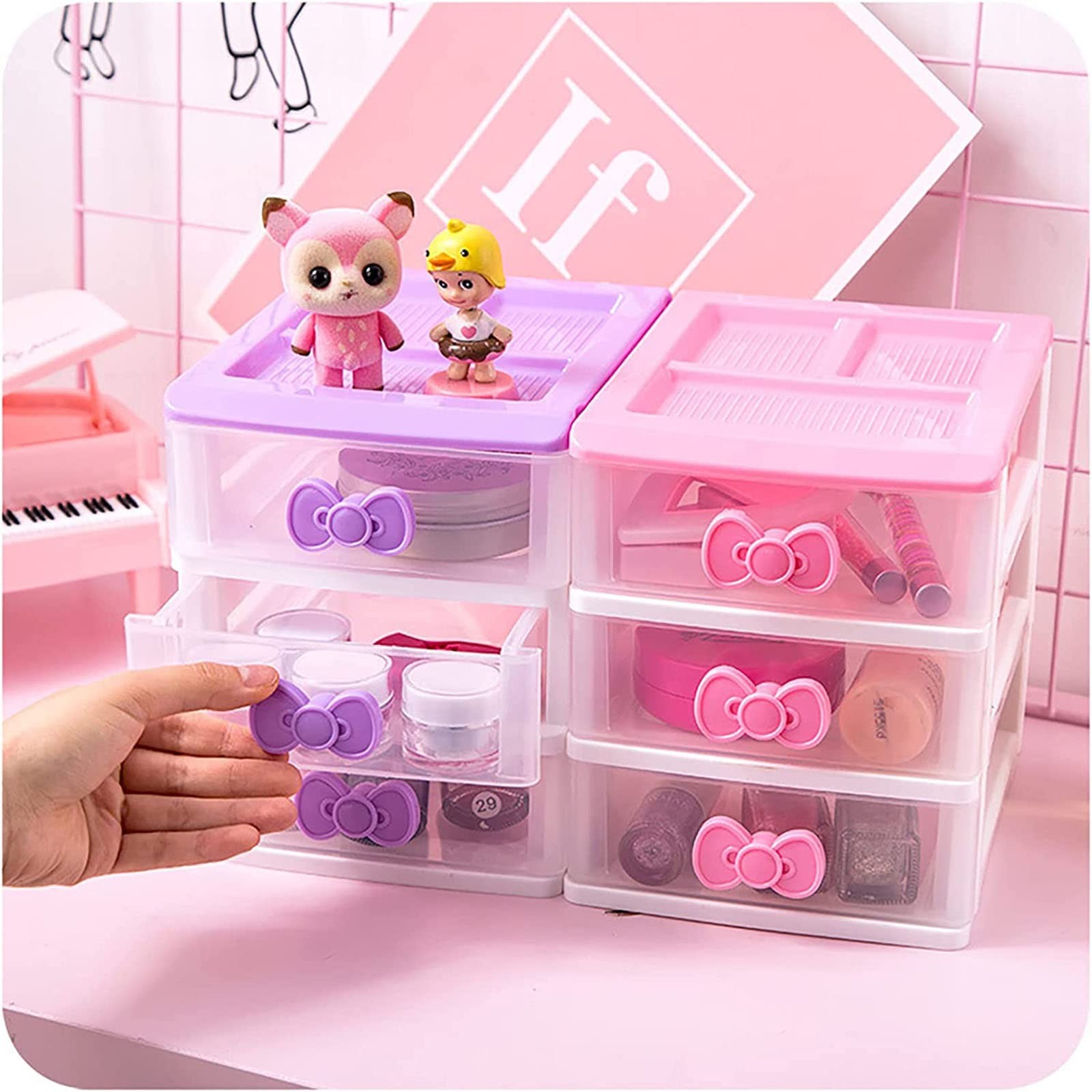 BxuxJar 3 Drawers Small Pink Plastic Organizer, Kawaii 3 Tire,