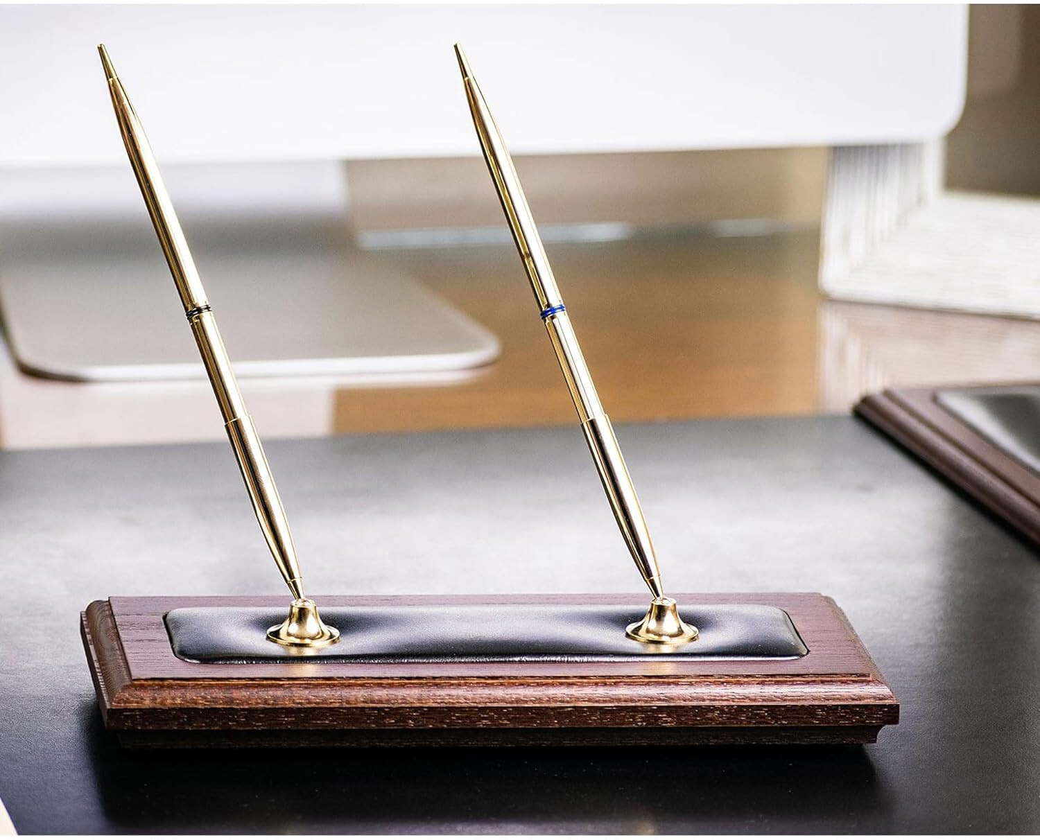 Dacasso Luxury Walnut & Black Leather Double Pen Stand with Rolling Ball Pen