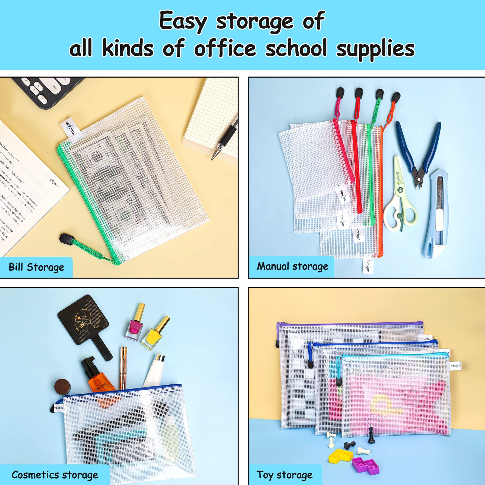 Mesh Zipper Pouch 30PCS Waterproof Zipper Bags 8 Sizes 8 Colors Plastic Docum…